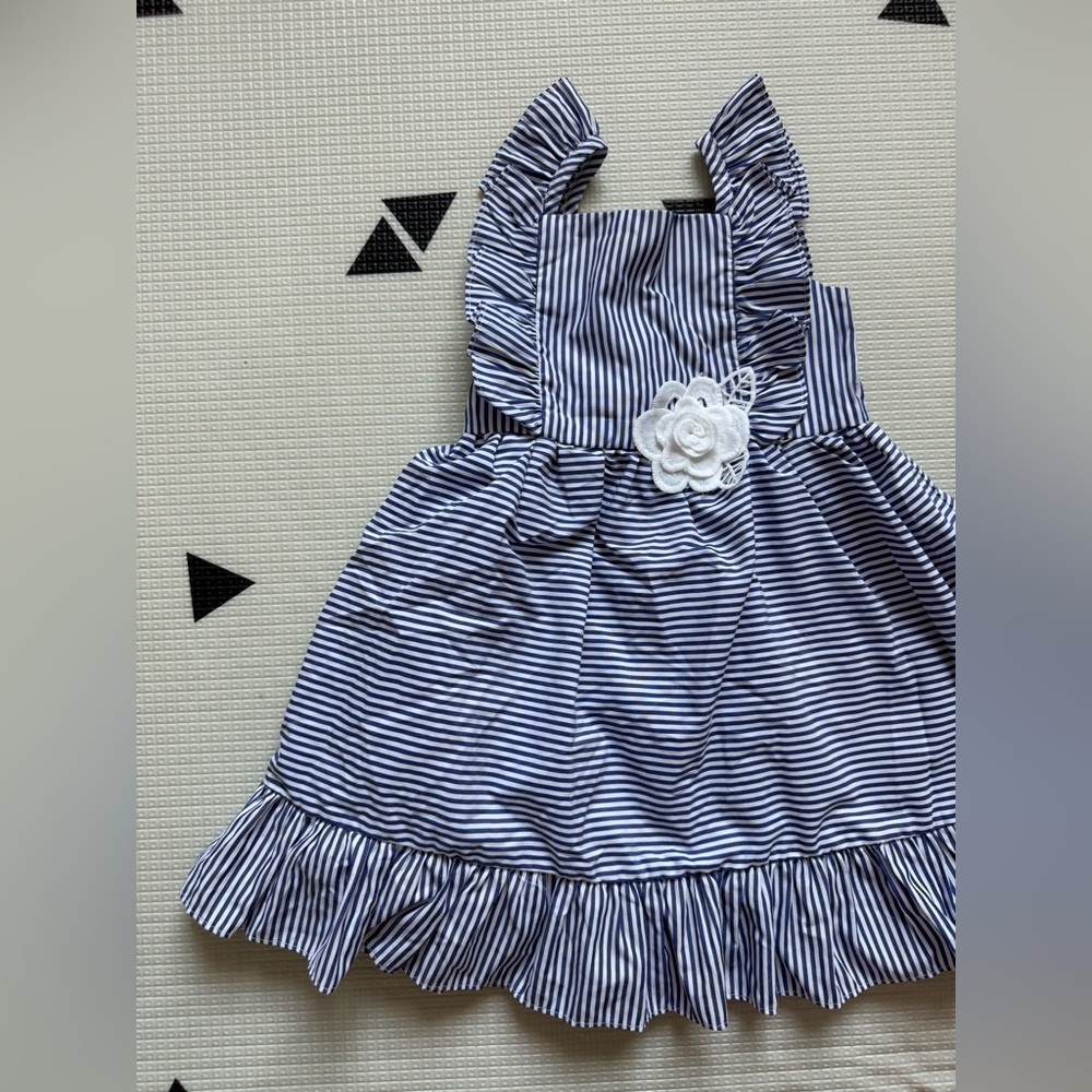 Rare Editions|Baby girl/toddler Striped Blue & White sleeveless Dress w Flower•